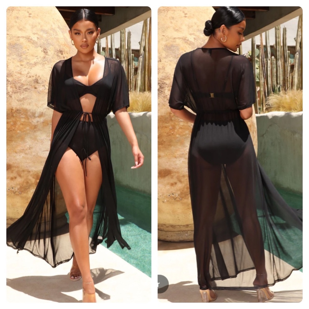 Fashion Nova White Mesh Sheer Maxi Swim Cover Up Dress Drawstring Resortwear